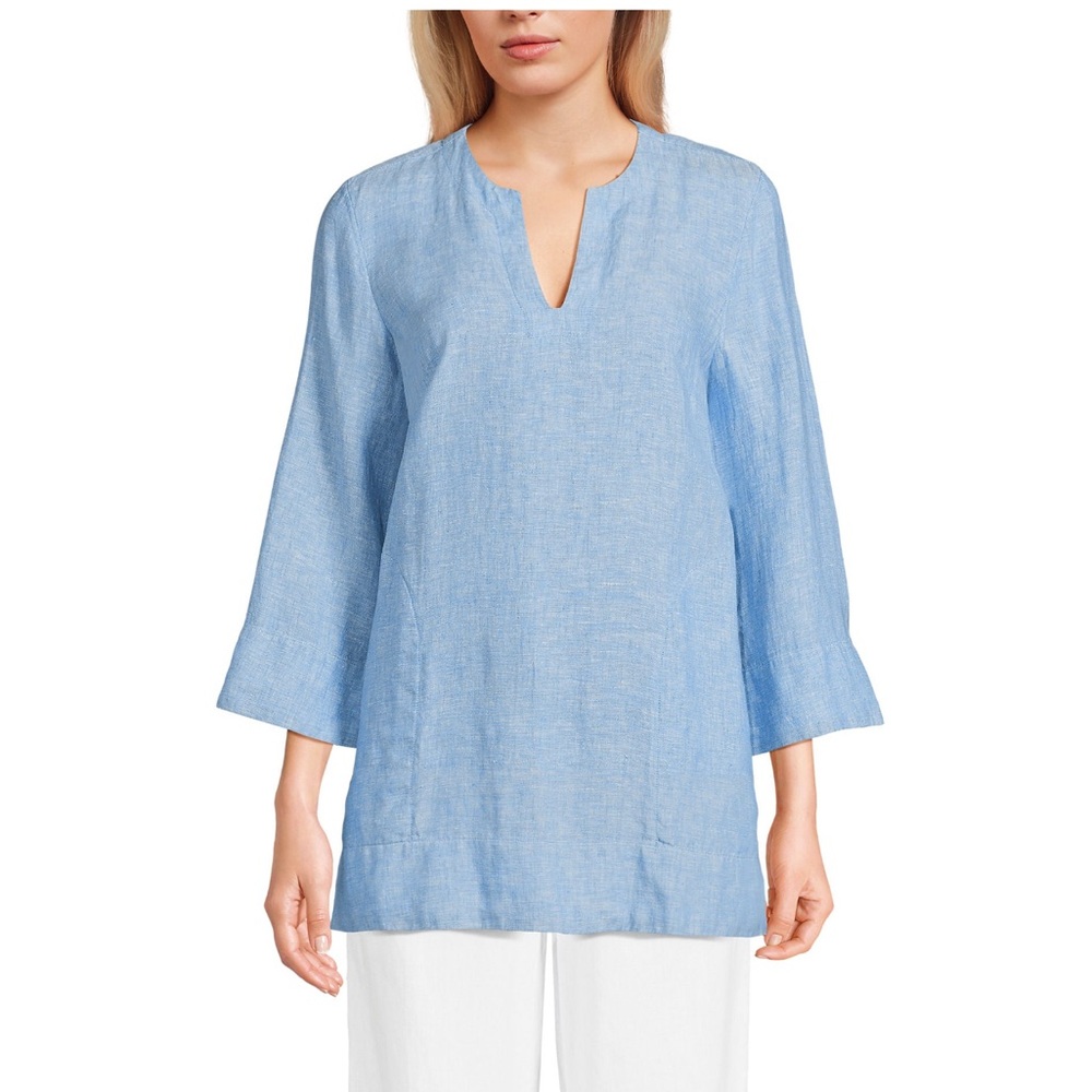 Lands' End XL Women's Linen Split Neck Tunic Top Baby Blue Resortwear Travel